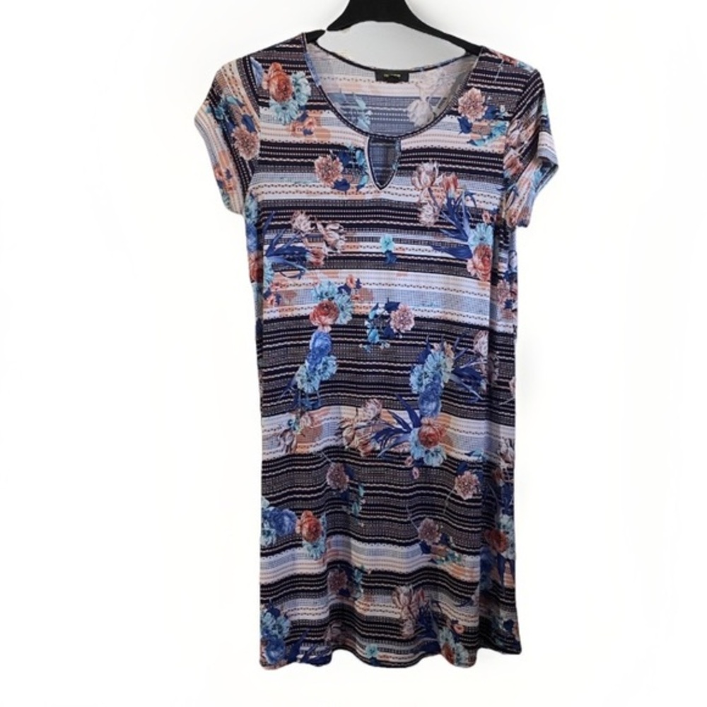 Espresso Floral & Stripe Keyhole Neck Shift Dress - Size Large